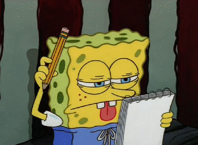An animated gif of Spongebob Squarepants concentrating on a large notepad he's holding while tapping a pencil on his forehead.